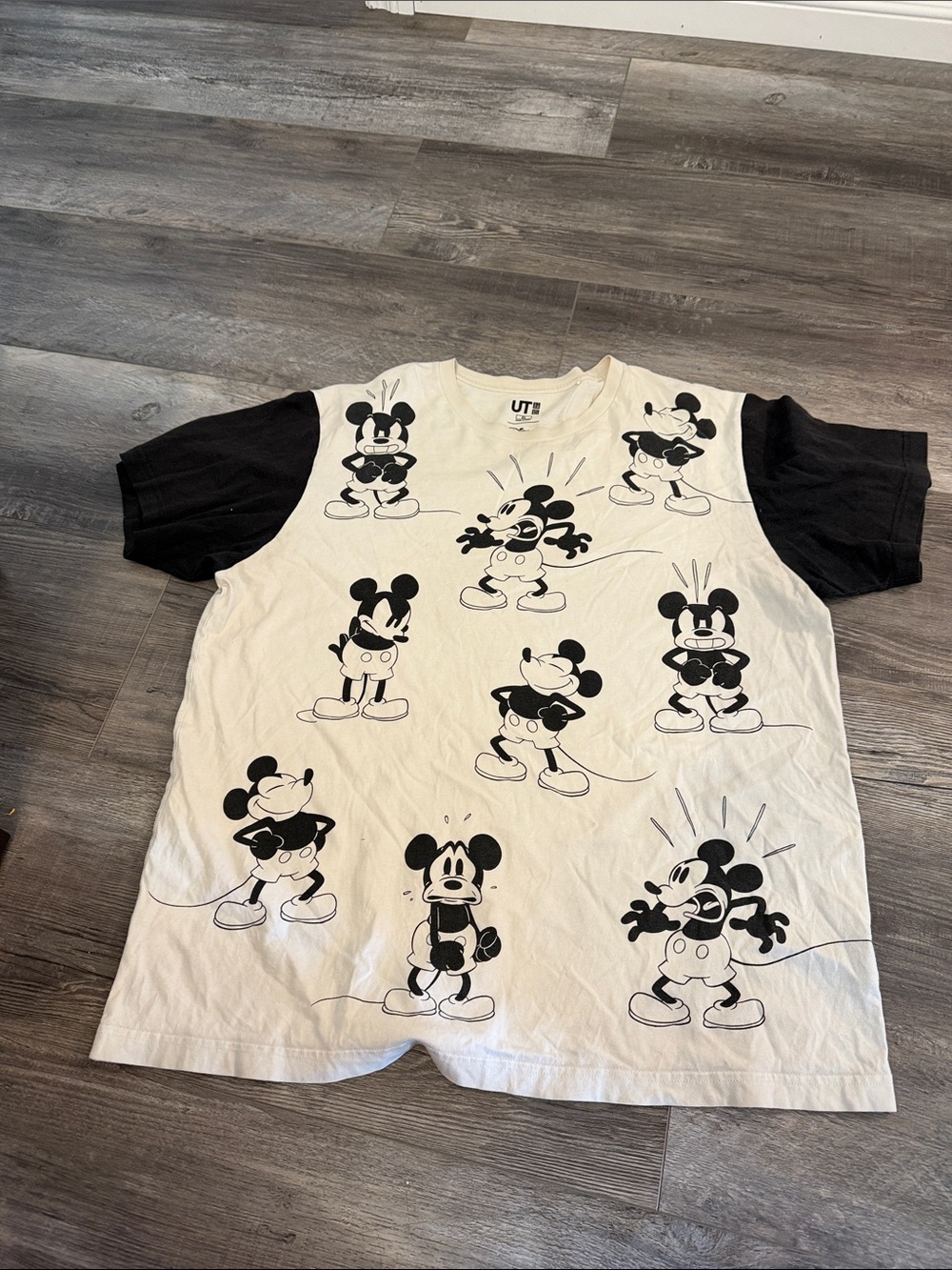 UT Disney White Tee with Black Mickey Mouse Graphic and Black Sleeves